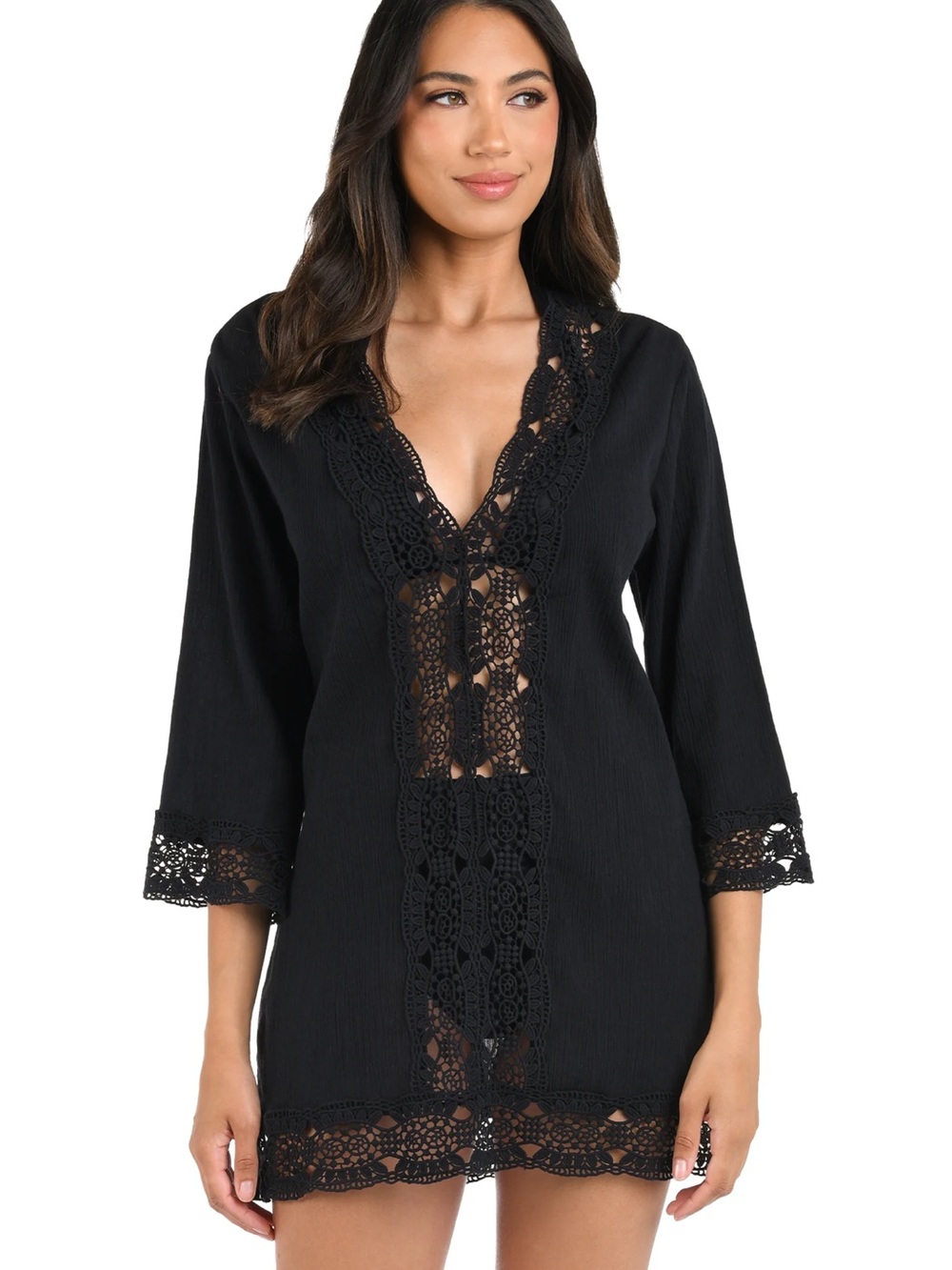 La Blanca Island Fare V Neck Lace Trim Coverup Sz M Black